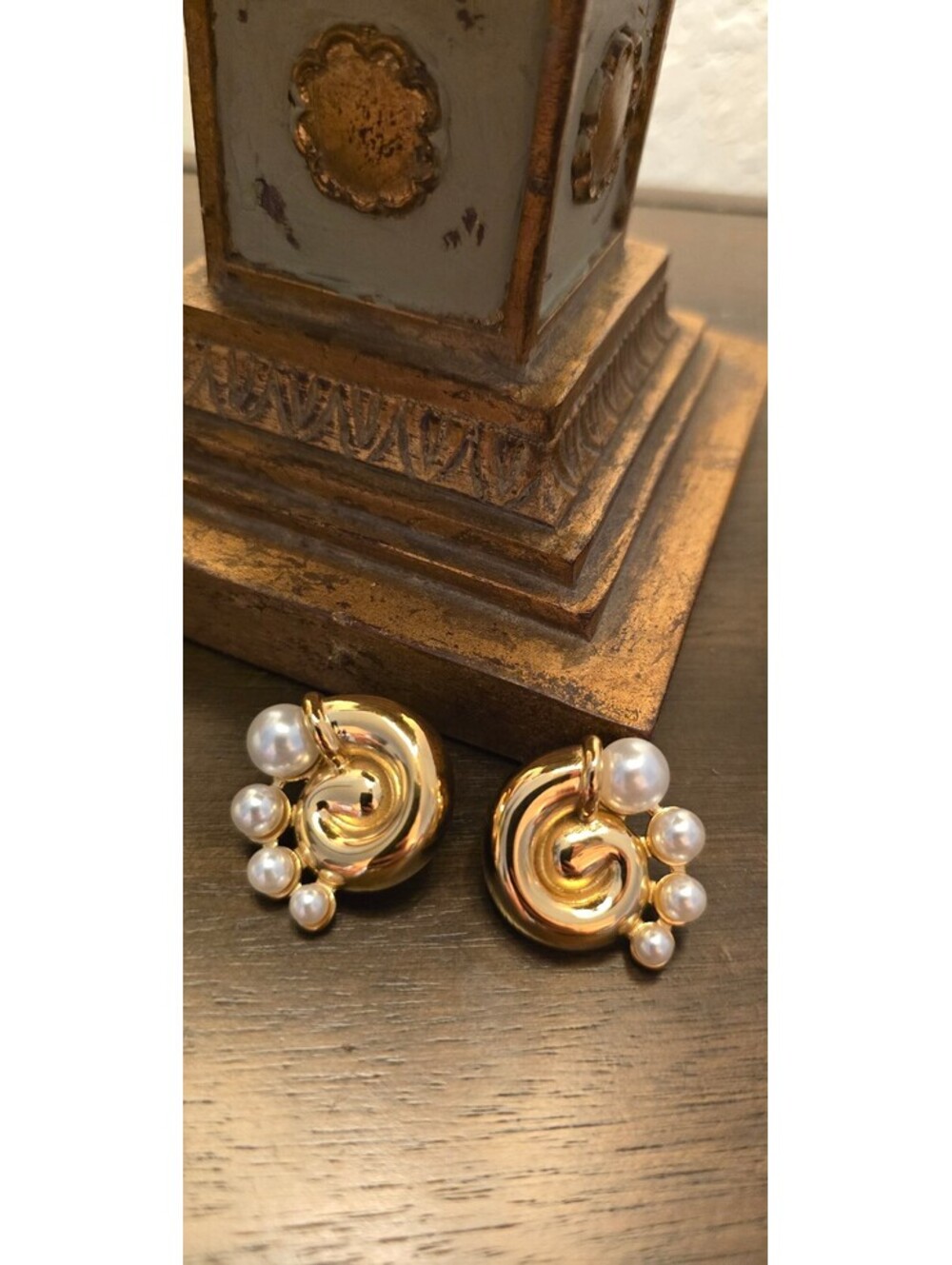 Gold Tone Earrings with Faux Pearls Cluster
